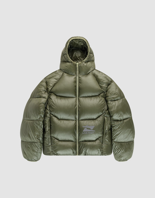 The Live Fast Puffer Jacket by LIVE FAST DIE YOUNG is an olive green, shiny nylon jacket with an oversized fit, hood, front zipper, large horizontal quilting, and a small white "LIVE FAST" logo on the lower left front. Displayed on light gray. | plain
