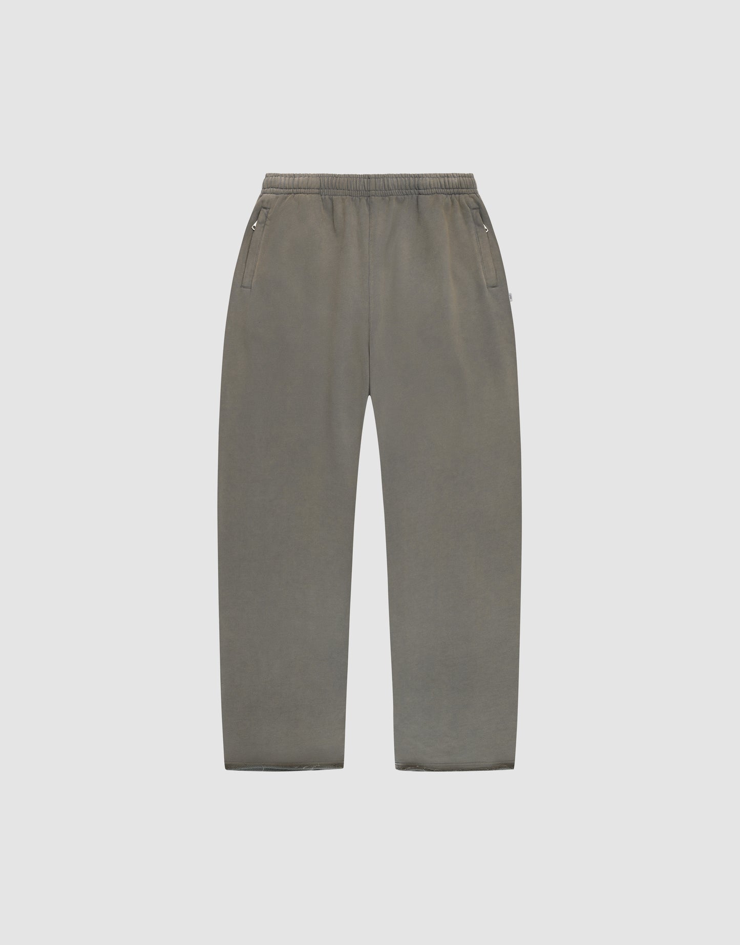 LFDY Ripped Sweatpants by LIVE FAST DIE YOUNG in gray with a wide fit, made from soft cotton, featuring an elastic waistband and side pockets, shown flat on a plain light gray background.