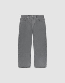 The LFDY Baggy Denim by LIVE FAST DIE YOUNG features high-waisted gray denim with a wide straight leg, five pockets, belt loops, and a button-zip closure, made from 100% cotton and shown flat on a light background. | plain