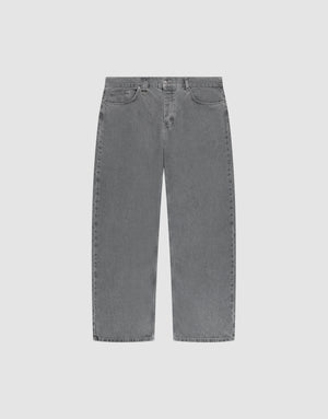 The LFDY Baggy Denim by LIVE FAST DIE YOUNG features high-waisted gray denim with a wide straight leg, five pockets, belt loops, and a button-zip closure, made from 100% cotton and shown flat on a light background. | plain