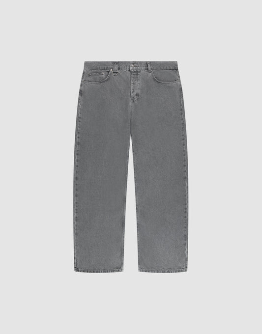 The LFDY Baggy Denim by LIVE FAST DIE YOUNG features high-waisted gray denim with a wide straight leg, five pockets, belt loops, and a button-zip closure, made from 100% cotton and shown flat on a light background. | plain