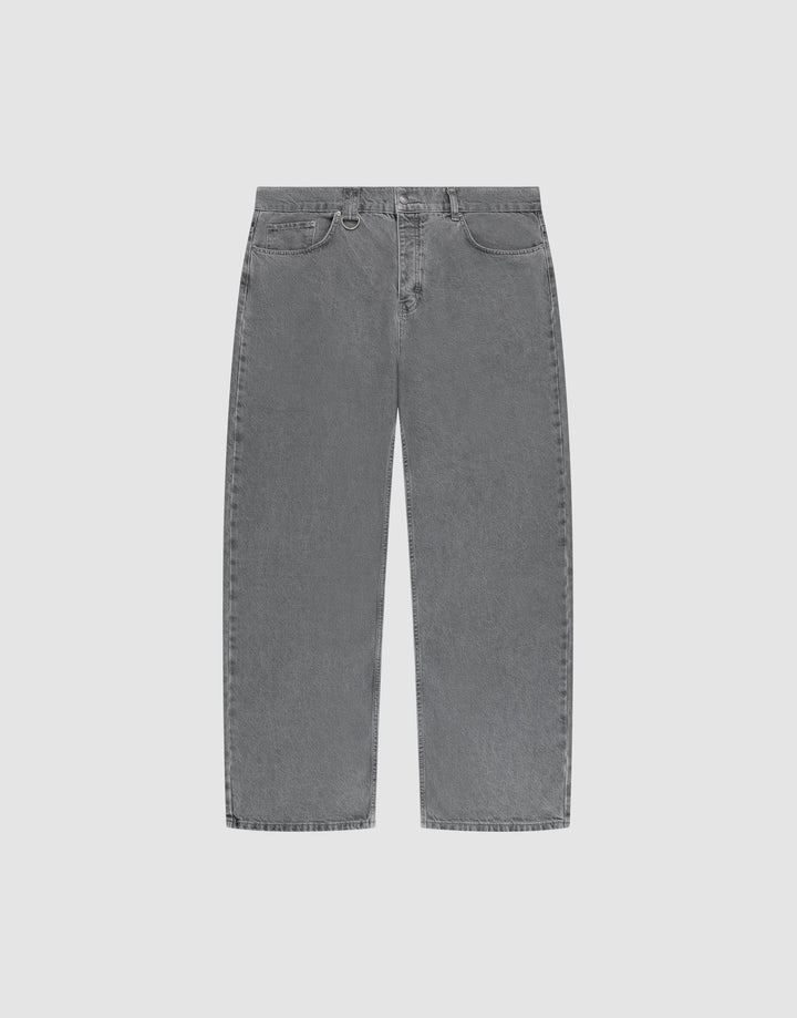 The LFDY Baggy Denim by LIVE FAST DIE YOUNG features high-waisted gray denim with a wide straight leg, five pockets, belt loops, and a button-zip closure, made from 100% cotton and shown flat on a light background. | plain