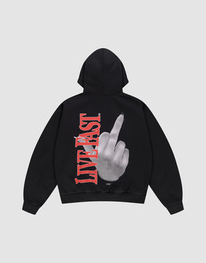 The LFDY Middlefinger Hooded by LIVE FAST DIE YOUNG is a black oversized cotton hoodie featuring bold front and back prints: a grayscale hand showing the middle finger with red LIVE FAST text, set against a plain light gray background. | plain