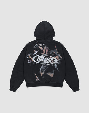 The LFDY Canine Hooded Zip by LIVE FAST DIE YOUNG is a black oversize fit hoodie with a snarling Doberman graphic and bold silver "LIVE FAST" print across the back, displayed flat on a light gray background. | plain