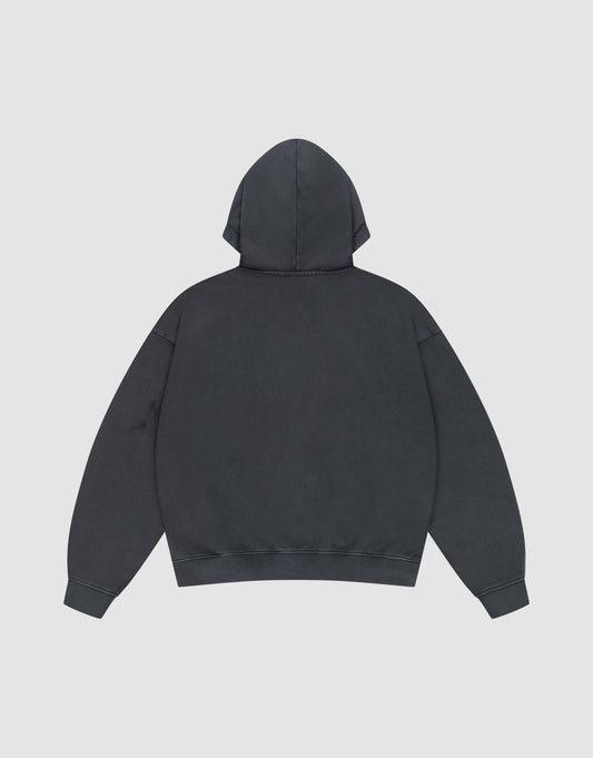 The LIVE FAST DIE YOUNG Ripped College Hooded Zip, in Oversize Fit and 100% Baumwolle, is shown laid flat back-up on a light gray background, highlighting its plain dark gray design with long sleeves and ribbed details.