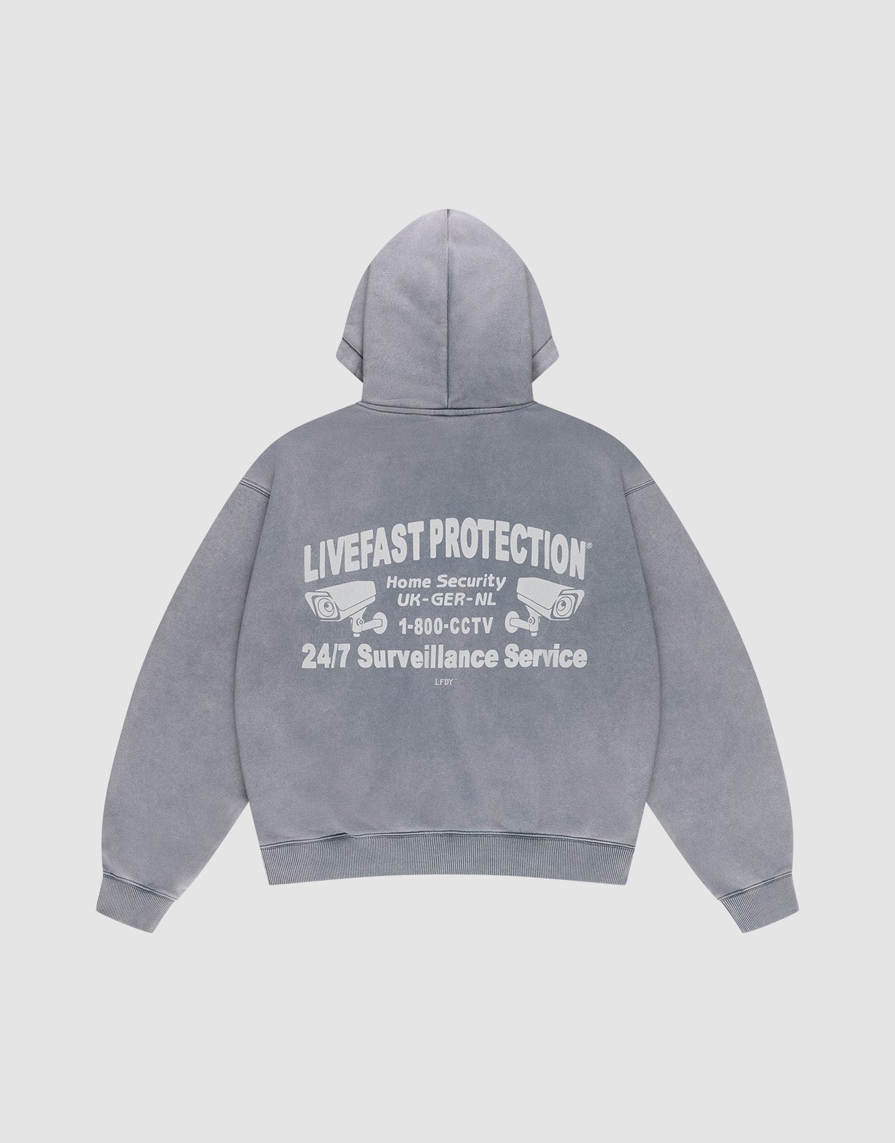 The LFDY Protection Hooded Zip by LIVE FAST DIE YOUNG is a gray hoodie with Kapuze and features white "LIVEFAST PROTECTION, Home Security, 1-800-CCTV, 24/7 Surveillance Service" text plus two security camera illustrations on the back. | plain