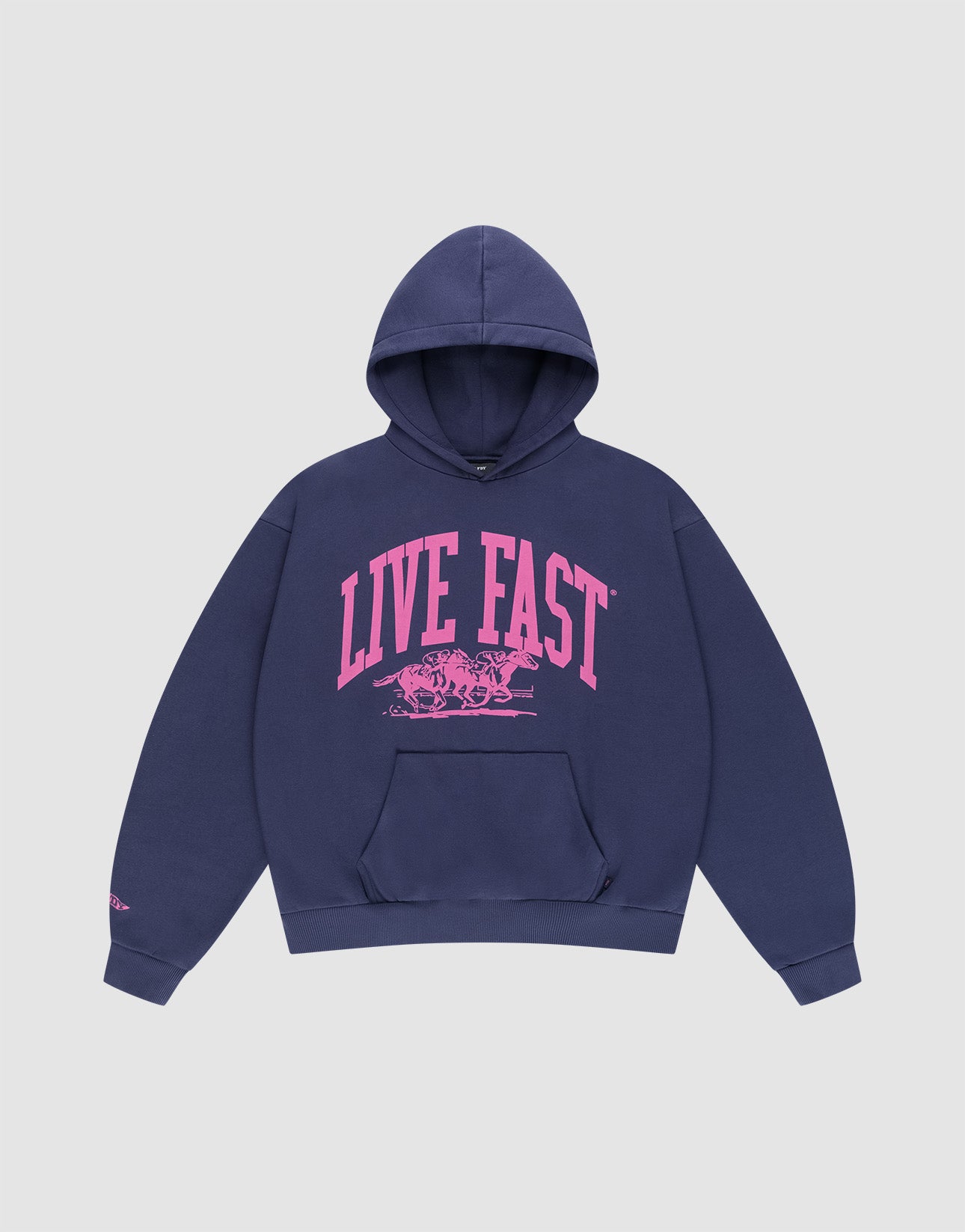 The Live Fast Stallion Hooded by LIVE FAST DIE YOUNG is a navy blue oversized sweatshirt featuring “LIVE FAST” in large pink letters and two racing horses printed on the front, shown on a plain light gray background. | plain