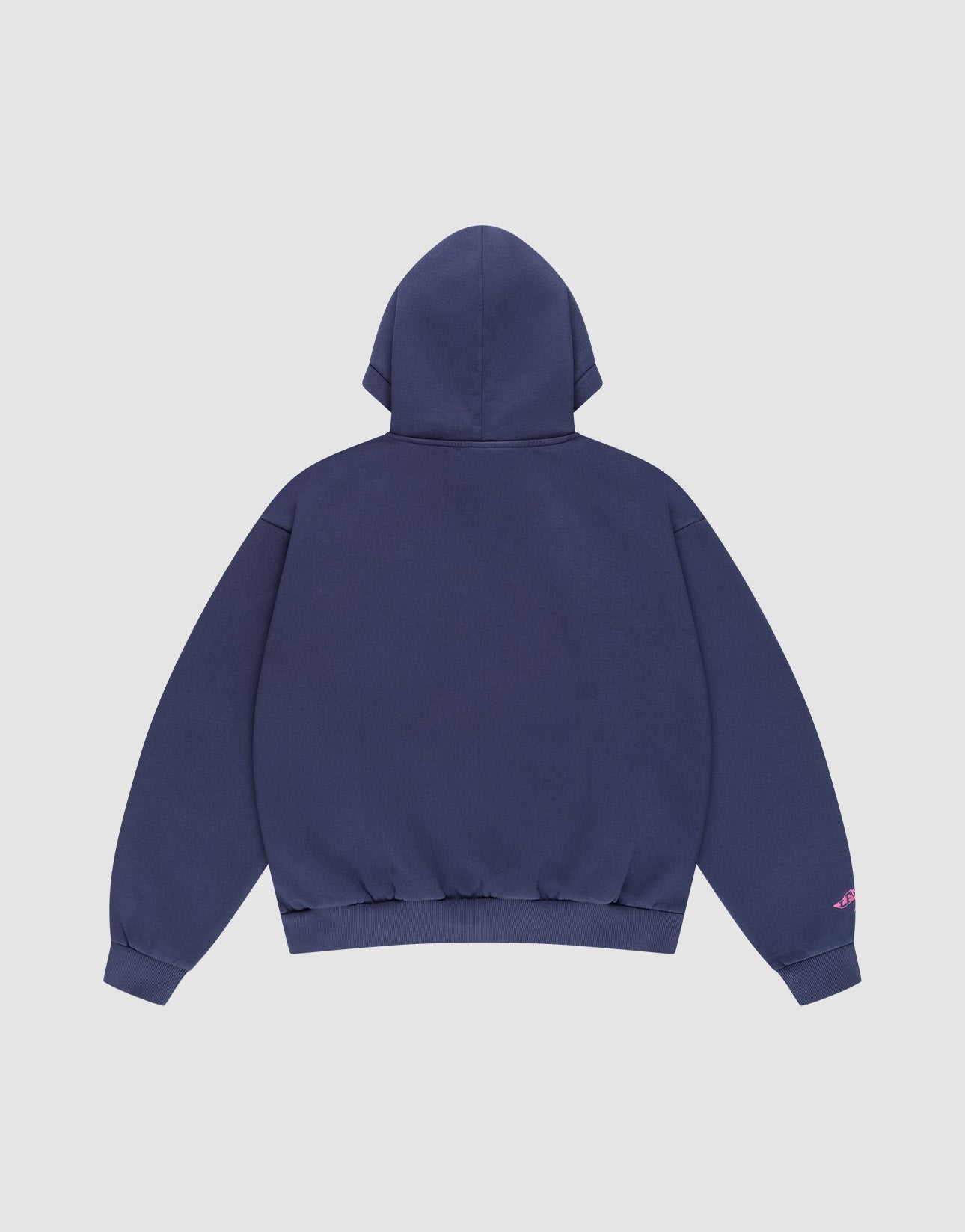 The Live Fast Stallion Hooded by LIVE FAST DIE YOUNG is shown flat in navy blue cotton, back view on a white background. It features an oversized fit, ribbed cuffs and hem, and a small pink detail on the left sleeve.