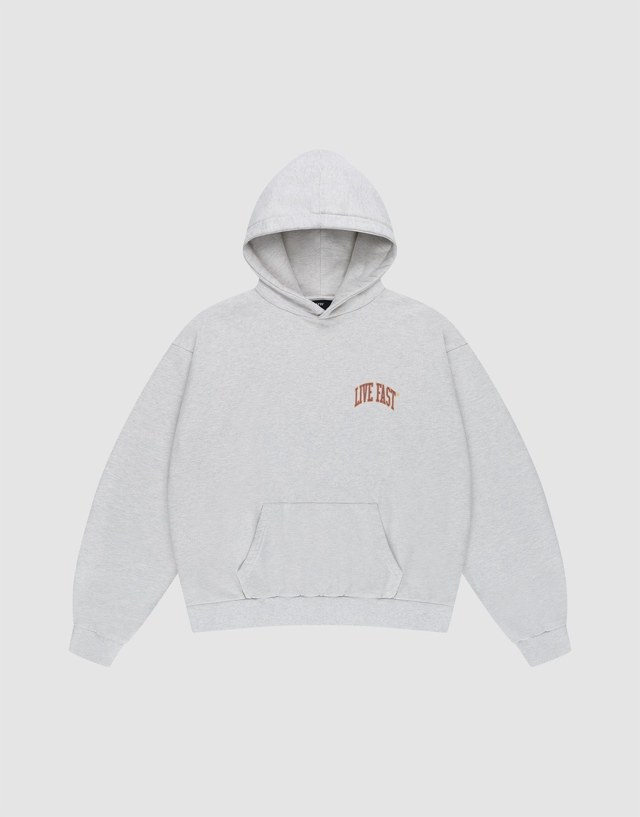 The LIVE FAST DIE YOUNG Live Fast Amsterdam Hooded is a light gray, oversized 100% Baumwolle sweatshirt with a front pouch pocket, small red LIVE EAST text on the chest, and subtle prints, shown on a plain white background.