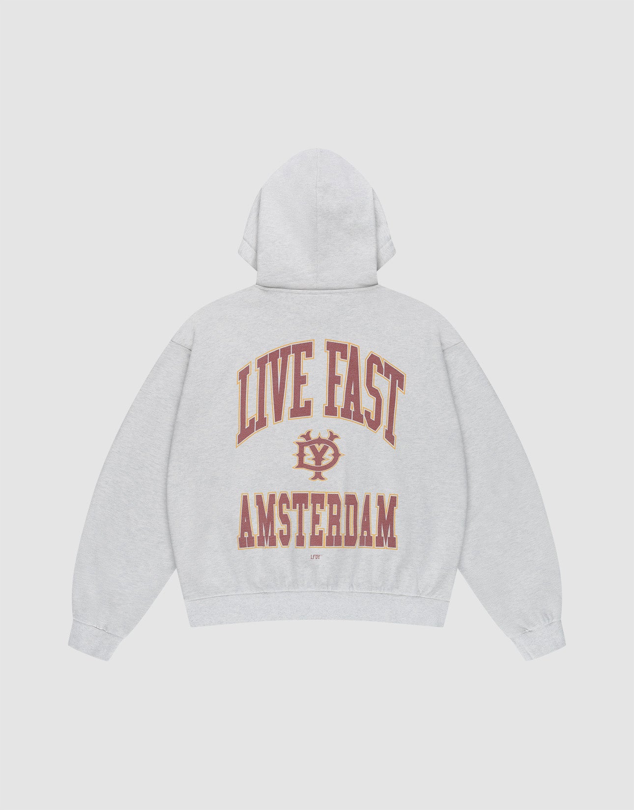 The Live Fast Amsterdam Hooded by LIVE FAST DIE YOUNG is a light gray oversized sweatshirt in 100% cotton, featuring bold red and gold "LIVE FAST" lettering and emblem on the back, plus AMSTERDAM. Front and back prints make it stand out. | plain