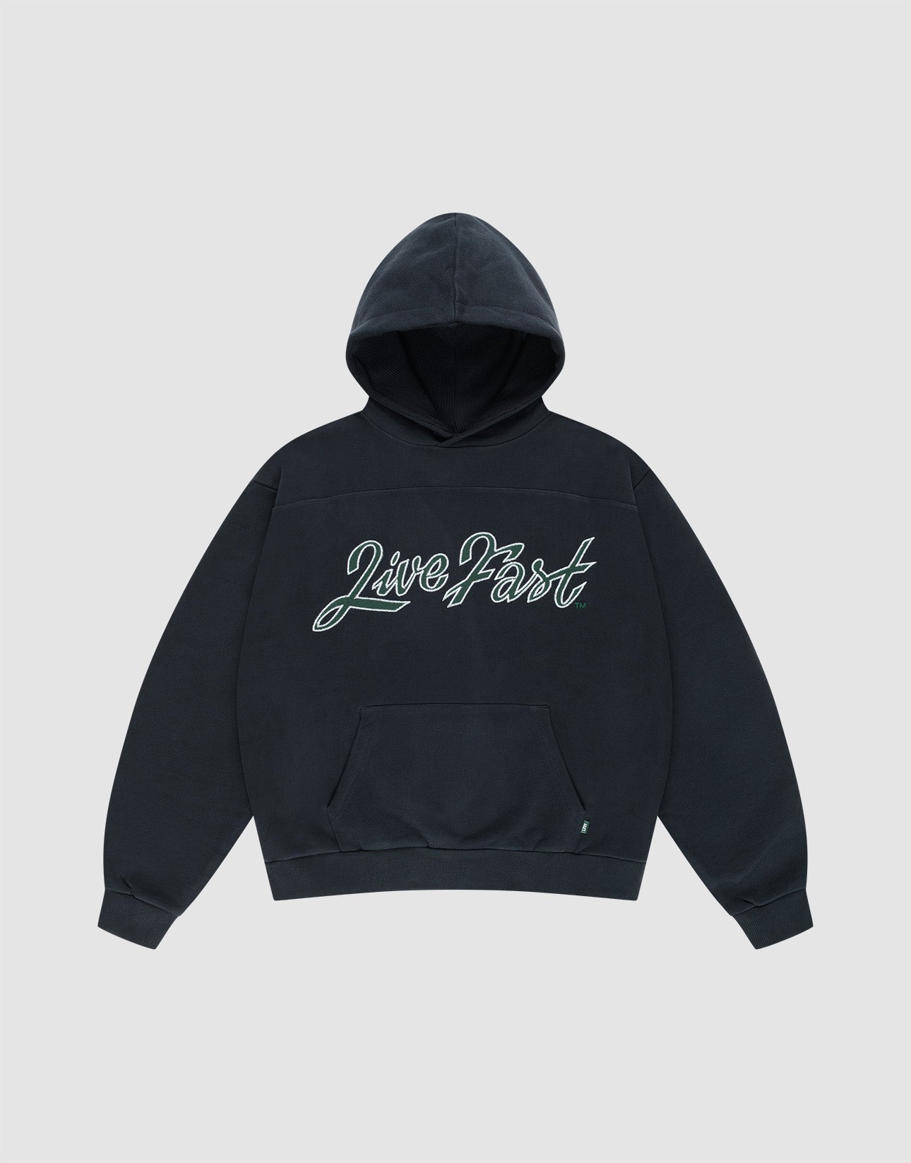 The LFDY Script Hooded by LIVE FAST DIE YOUNG is a dark gray, oversized hoodie with a front pocket, "Live Fast" cursive across the chest, subtle distressed effects, and shown on a plain light gray background. | plain