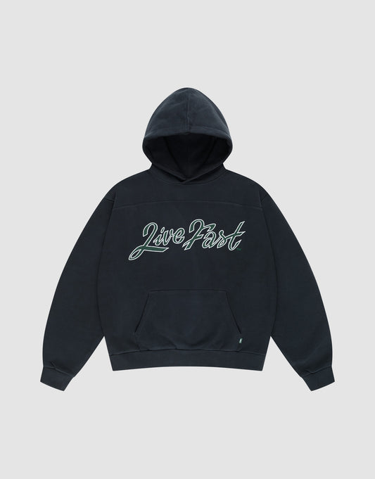 The LFDY Script Hooded by LIVE FAST DIE YOUNG is a dark gray, oversized hoodie with a front pocket, "Live Fast" cursive across the chest, subtle distressed effects, and shown on a plain light gray background. | plain