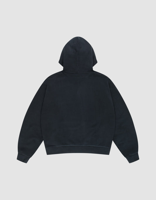 The LFDY Script Hooded by LIVE FAST DIE YOUNG is a plain black oversized sweatshirt with long sleeves, ribbed cuffs and hem, shown from the back against a light gray background.