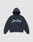 The LFDY Script Hooded by LIVE FAST DIE YOUNG features a dark navy oversize fit, front pouch pocket, bold light blue "Live Fast" script on the chest, and distressed effects, shown against a plain light gray backdrop.