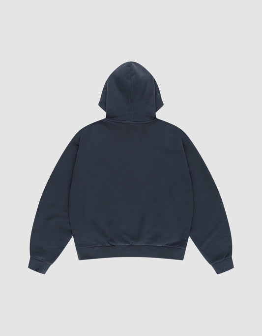 The LFDY Script Hooded by LIVE FAST DIE YOUNG is a plain navy blue sweatshirt made from 100% cotton, shown laid flat with the back up, featuring long sleeves and ribbed cuffs and hem on a light gray background.