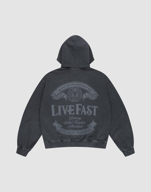 The LFDY Loyal Hooded Zip by LIVE FAST DIE YOUNG is a dark gray oversized hoodie with a large back graphic—two eagle heads, circular emblem, "LIVE FAST" text, and vintage banners. Made from 100% Baumwolle with cool vintage wash. | plain