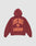 The LIVE FAST DIE YOUNG "Live Fast London Hooded Zip" is a maroon, oversized 100% Baumwolle hoodie with a hood and large orange “LIVE FAST LONDON” text plus an emblem on the back. Shown on a plain white background.