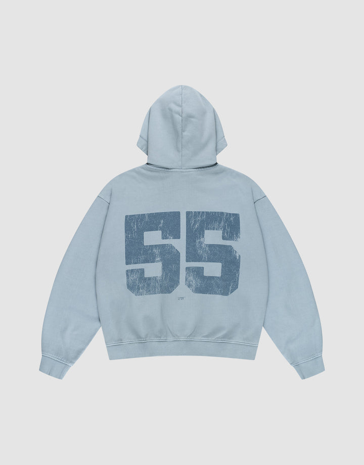 The LIVE FAST DIE YOUNG LFDY 55 Hooded Zip in light blue features a large distressed dark blue "55" on the back, an oversize fit, and vintage Waschung for a relaxed retro look. | plain