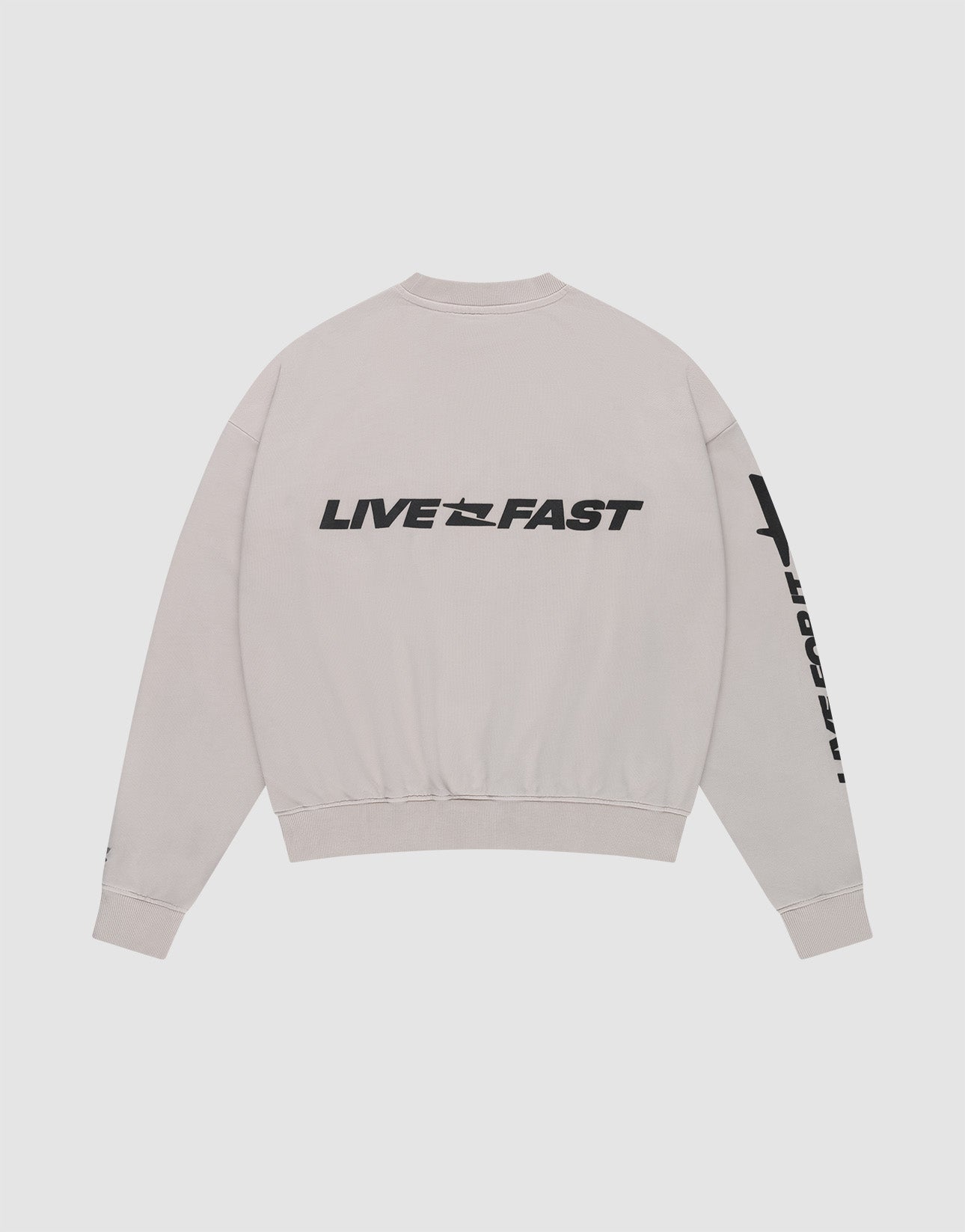 The Live For It Sweater by LIVE FAST DIE YOUNG is an oversized light gray sweatshirt, featuring “LIVE FAST” in bold black across the upper back and extra sleeve text. Made from 100% Baumwolle for comfort.