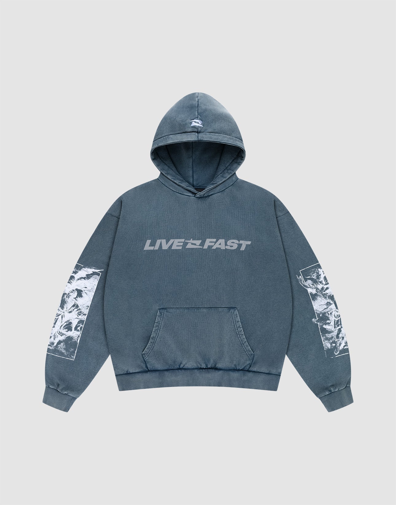 The LFDY Window Hooded by LIVE FAST DIE YOUNG is a washed blue-gray oversized hoodie with a front pocket, hood, reflective "LIVE FAST" chest print, and white abstract graphics on both sleeves. | plain