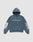 The LFDY Window Hooded by LIVE FAST DIE YOUNG is a washed blue-gray oversized hoodie with a front pocket, hood, reflective "LIVE FAST" chest print, and white abstract graphics on both sleeves.