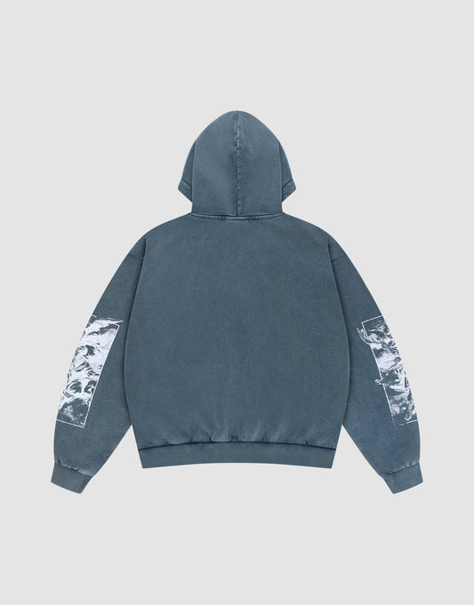 The LIVE FAST DIE YOUNG LFDY Window Hooded is an oversize fit, blue-gray sweatshirt shown from the back with white graphics on both sleeves near the elbows, made from 100% Baumwolle and laid flat on a light gray background.