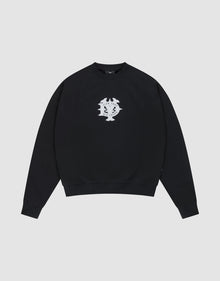The DY Sweater by LIVE FAST DIE YOUNG is a black crewneck with raglan sleeves and a white abstract chest graphic, made from 100% cotton. Shown on a plain light gray background. | plain