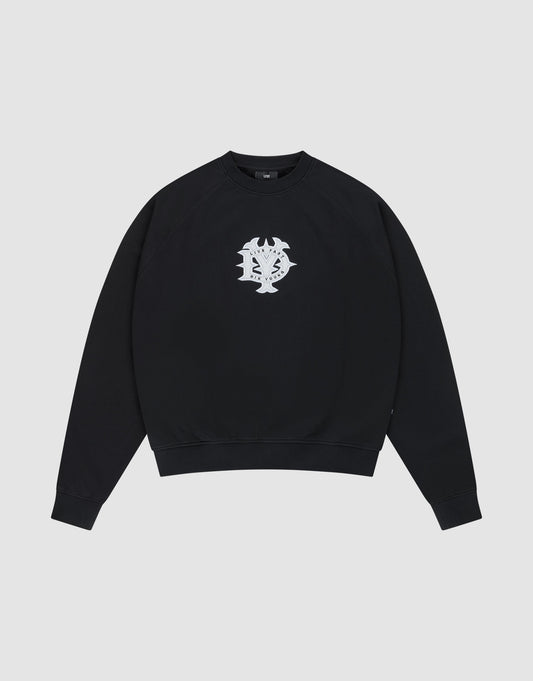 The DY Sweater by LIVE FAST DIE YOUNG is a black crewneck with raglan sleeves and a white abstract chest graphic, made from 100% cotton. Shown on a plain light gray background. | plain