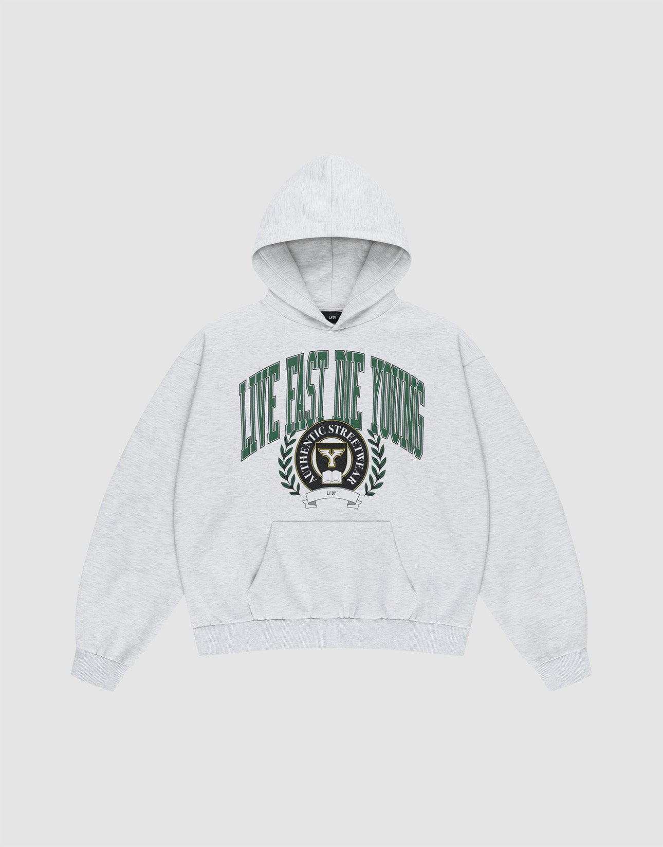 The Live Fast Die Young Hooded by LIVE FAST DIE YOUNG is a light gray oversized hoodie with a vintage look, bold green “LIVE FAST DIE YOUNG” front print, crest with laurel leaves, “PUBLIC STUDY,” front pocket, and long sleeves.