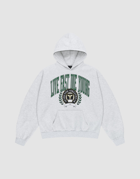 The Live Fast Die Young Hooded by LIVE FAST DIE YOUNG is a light gray oversized hoodie with a vintage look, bold green “LIVE FAST DIE YOUNG” front print, crest with laurel leaves, “PUBLIC STUDY,” front pocket, and long sleeves. | plain