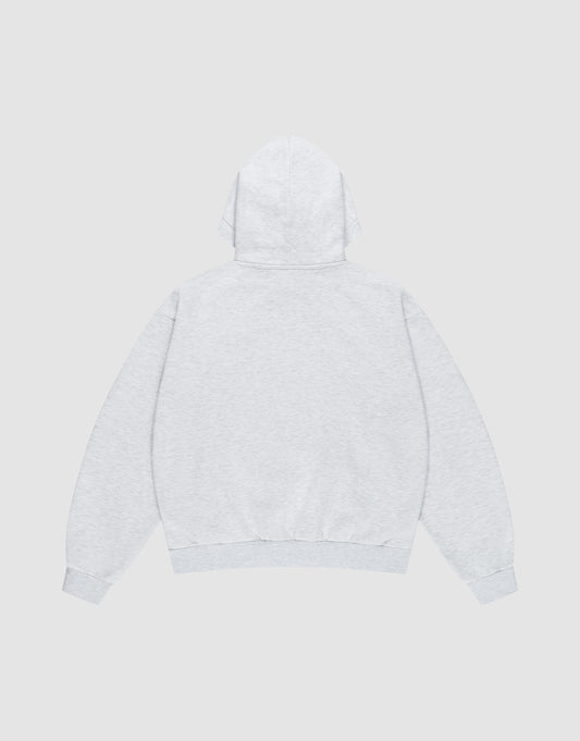 Back view of the LIVE FAST DIE YOUNG Live Fast Die Young Hooded—a plain, light gray oversized sweatshirt with long sleeves, ribbed cuffs and hem—shown against a neutral background.
