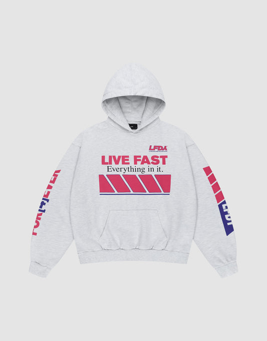 The LFDY Racing Hooded by LIVE FAST DIE YOUNG is a light gray oversized hoodie with glossy red, pink, and blue "LIVE FAST Everything in it." front print, "FOREVER" down the sleeves, front pocket, and drawstring hood—bold style guaranteed. | plain