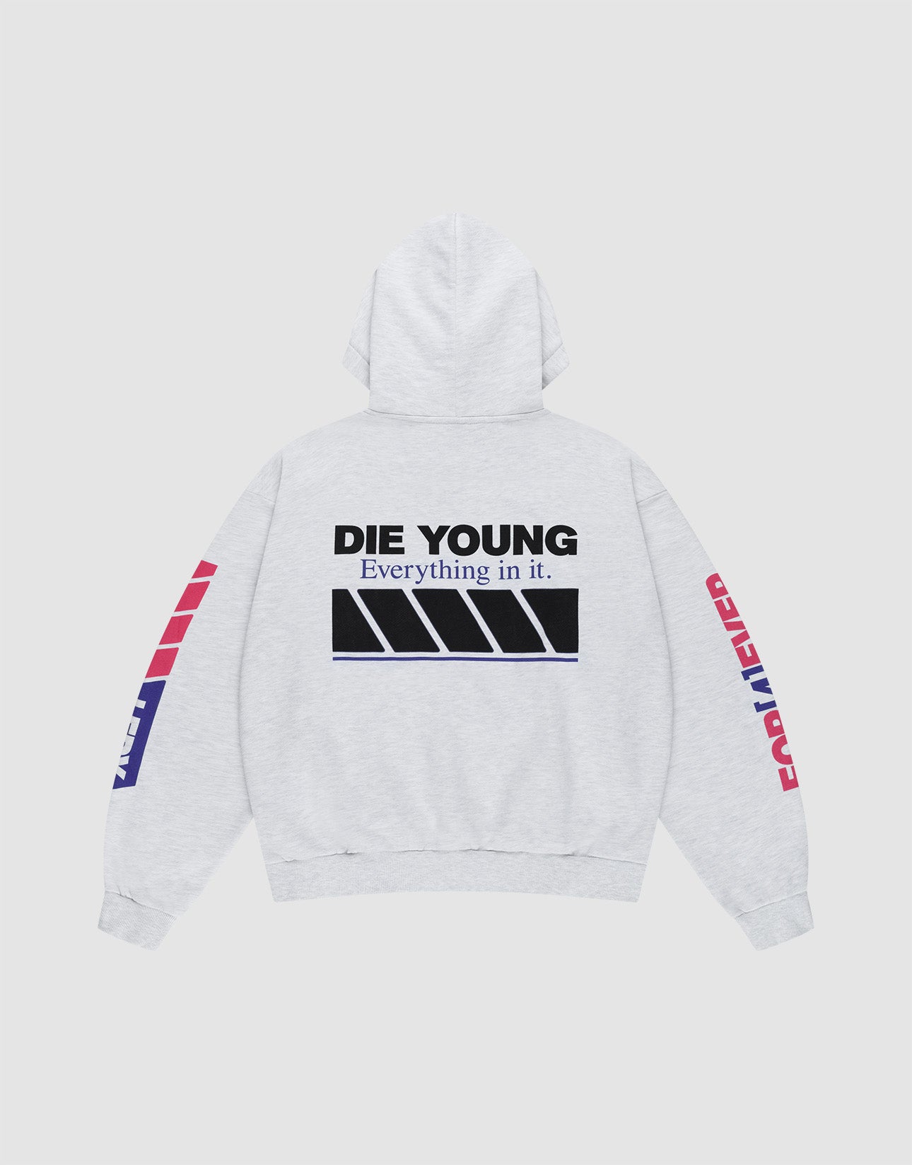 The LFDY Racing Hooded by LIVE FAST DIE YOUNG is a light gray oversized pullover featuring bold black glossy "DIE YOUNG and Everything in it." print on the back, diagonal black lines, plus red and blue graphics on the sleeves.