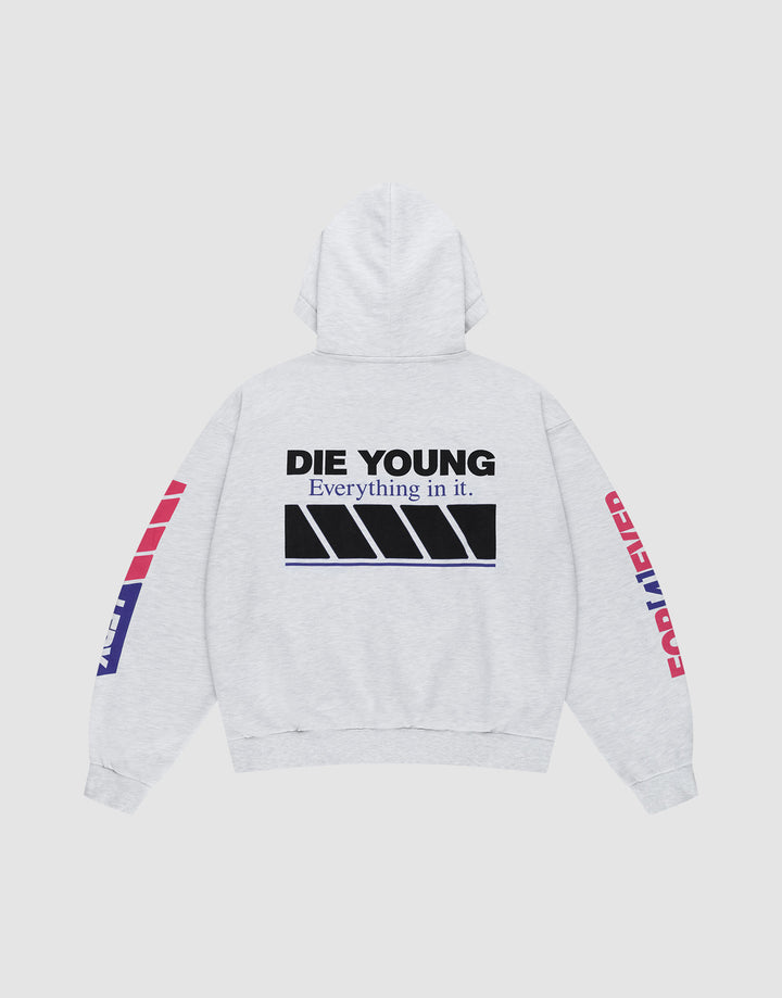 The LFDY Racing Hooded by LIVE FAST DIE YOUNG is a light gray oversized pullover featuring bold black glossy "DIE YOUNG and Everything in it." print on the back, diagonal black lines, plus red and blue graphics on the sleeves.