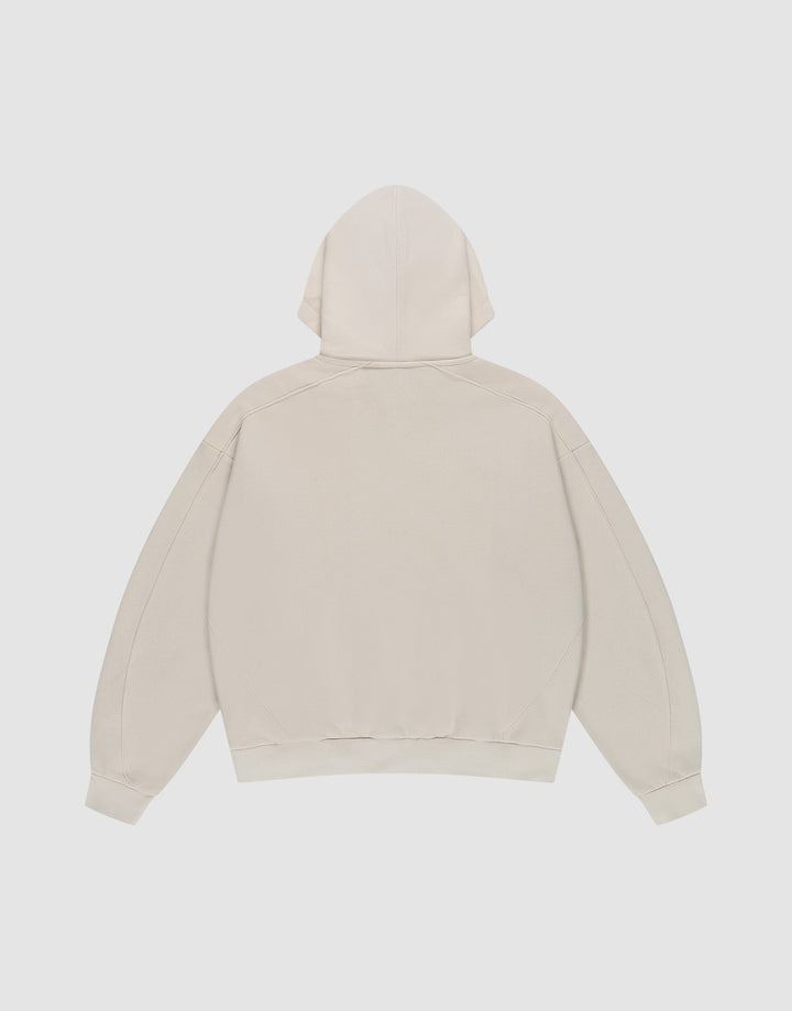 Back view of the LIVE FAST DIE YOUNG LFDY Pleated Hooded Zip in light beige, featuring a hood with drawstring, long sleeves, ribbed cuffs and waistband, made from 100% cotton, shown on a flat white background.