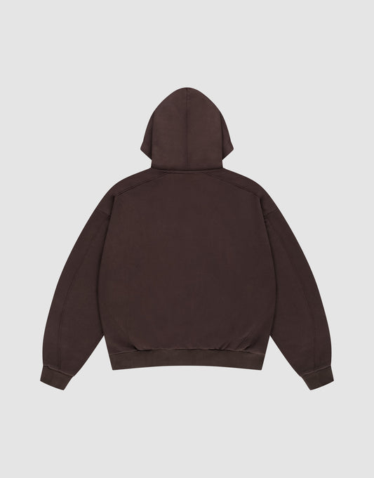 The LFDY Pleated Hooded Zip by LIVE FAST DIE YOUNG, shown flat from the back on a light gray background, features a dark brown color, hood with drawstring up, and sleeves spread out.