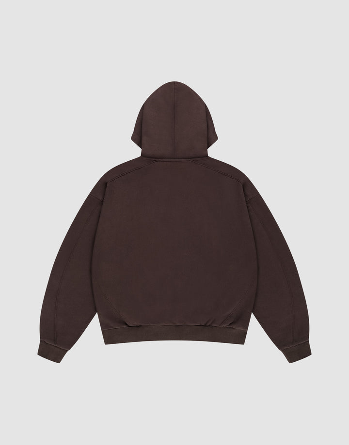 The LFDY Pleated Hooded Zip by LIVE FAST DIE YOUNG, shown flat from the back on a light gray background, features a dark brown color, hood with drawstring up, and sleeves spread out.