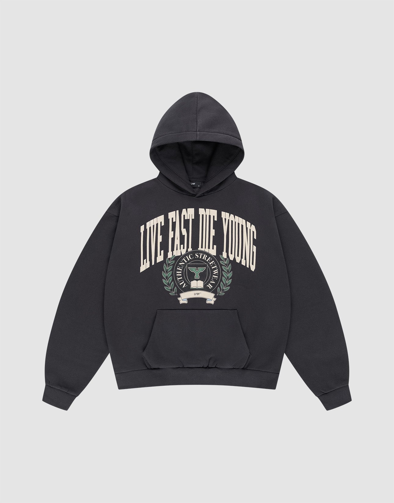 The LIVE FAST DIE YOUNG Hooded by LIVE FAST DIE YOUNG features a bold beige “LIVE FAST DIE YOUNG” front print and a vintage-effect crest with laurels and NYC STATE initials in white on light gray.