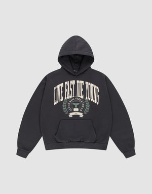 The LIVE FAST DIE YOUNG Hooded by LIVE FAST DIE YOUNG features a bold beige “LIVE FAST DIE YOUNG” front print and a vintage-effect crest with laurels and NYC STATE initials in white on light gray. | plain