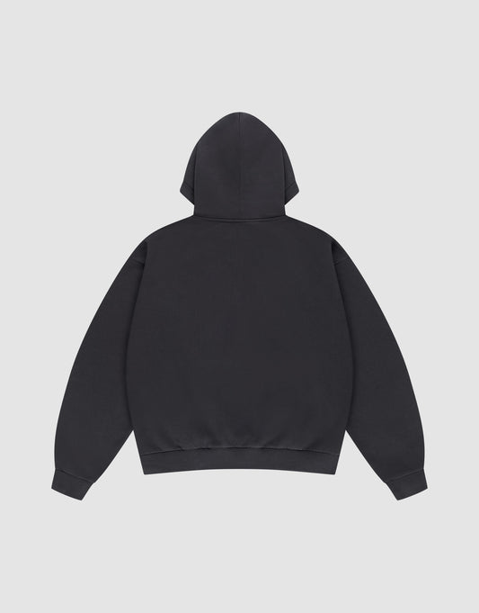 The Live Fast Die Young Hooded by LIVE FAST DIE YOUNG is shown laid flat on a white background, with the back facing up, hood raised, and sleeves spread out.