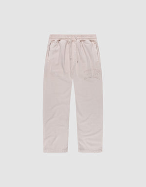 The Ripped College Wide Jogger by LIVE FAST DIE YOUNG features a wide fit, elastic waistband with drawstring, side pockets, and CUTE AF embroidery on soft Baumwolle, shown in light beige against a plain white background. | plain