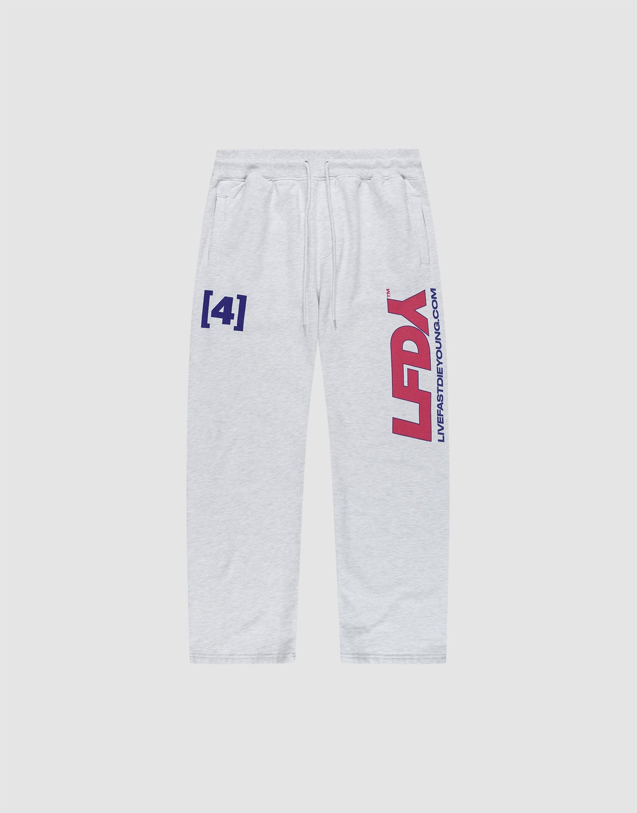 The LFDY Racing Wide Jogger by LIVE FAST DIE YOUNG is made from soft cotton in light gray with a wide fit and broad elastic waistband. Blue “[4]”, red “LFDY”, and blue “LIFTEDSTRONG.COM” graphics accent both thighs.
