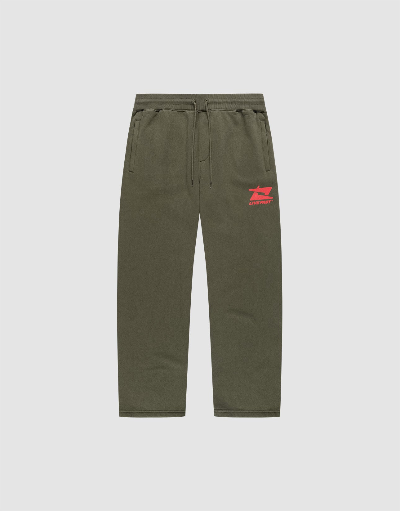 LIVE FAST DIE YOUNG Live Fast Sweatsuit Jogger in olive green features a wide fit, elastic waistband with drawstring, side pockets, and a red print on the upper left thigh, shown on a plain light grey background.