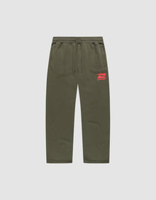 LIVE FAST DIE YOUNG Live Fast Sweatsuit Jogger in olive green features a wide fit, elastic waistband with drawstring, side pockets, and a red print on the upper left thigh, shown on a plain light grey background. | plain