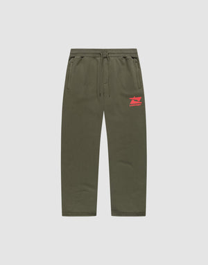 LIVE FAST DIE YOUNG Live Fast Sweatsuit Jogger in olive green features a wide fit, elastic waistband with drawstring, side pockets, and a red print on the upper left thigh, shown on a plain light grey background. | plain