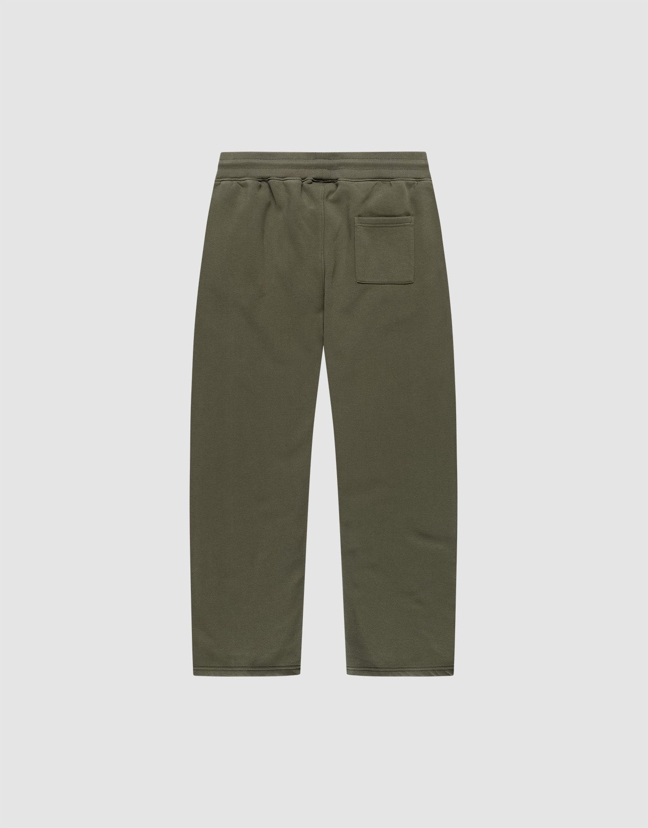 The Live Fast Sweatsuit Jogger by LIVE FAST DIE YOUNG, shown from the back in olive green, features a wide fit, elastic waistband with drawstring, straight legs, and one rear right patch pocket against a light background.