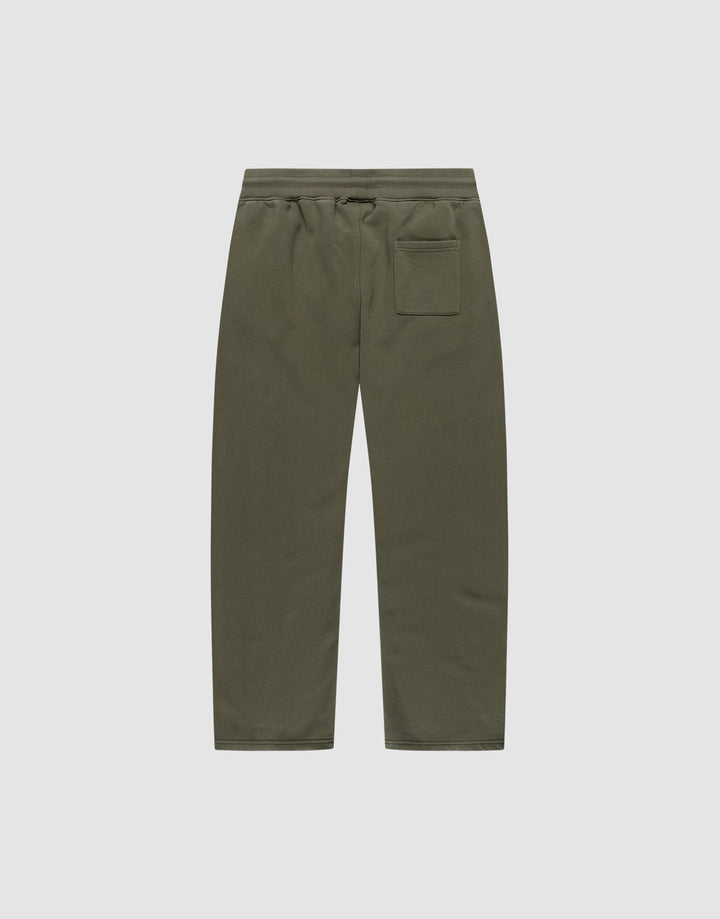 The Live Fast Sweatsuit Jogger by LIVE FAST DIE YOUNG, shown from the back in olive green, features a wide fit, elastic waistband with drawstring, straight legs, and one rear right patch pocket against a light background.