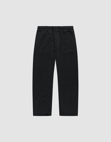 The LIVE FAST DIE YOUNG Basic Wide Jogger is a pair of black, wide-fit cotton pants with an elastic waistband and drawstring, shown flat on a light grey background. | plain