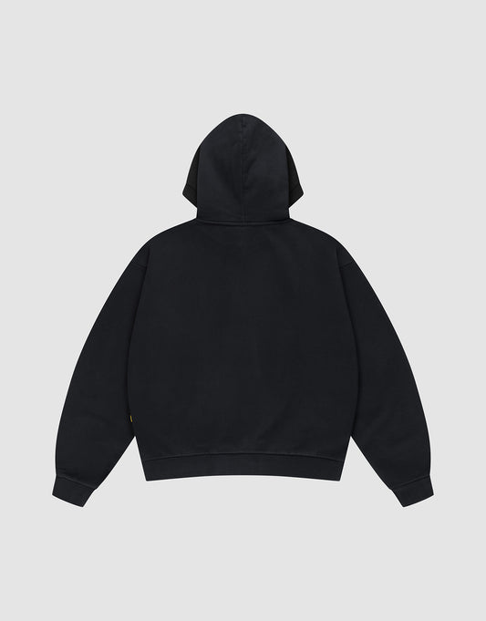 The LFDY The Bulldog Hooded by LIVE FAST DIE YOUNG is shown in an oversize fit, plain black, displayed from the back with the hood up and sleeves flat on a light gray background.