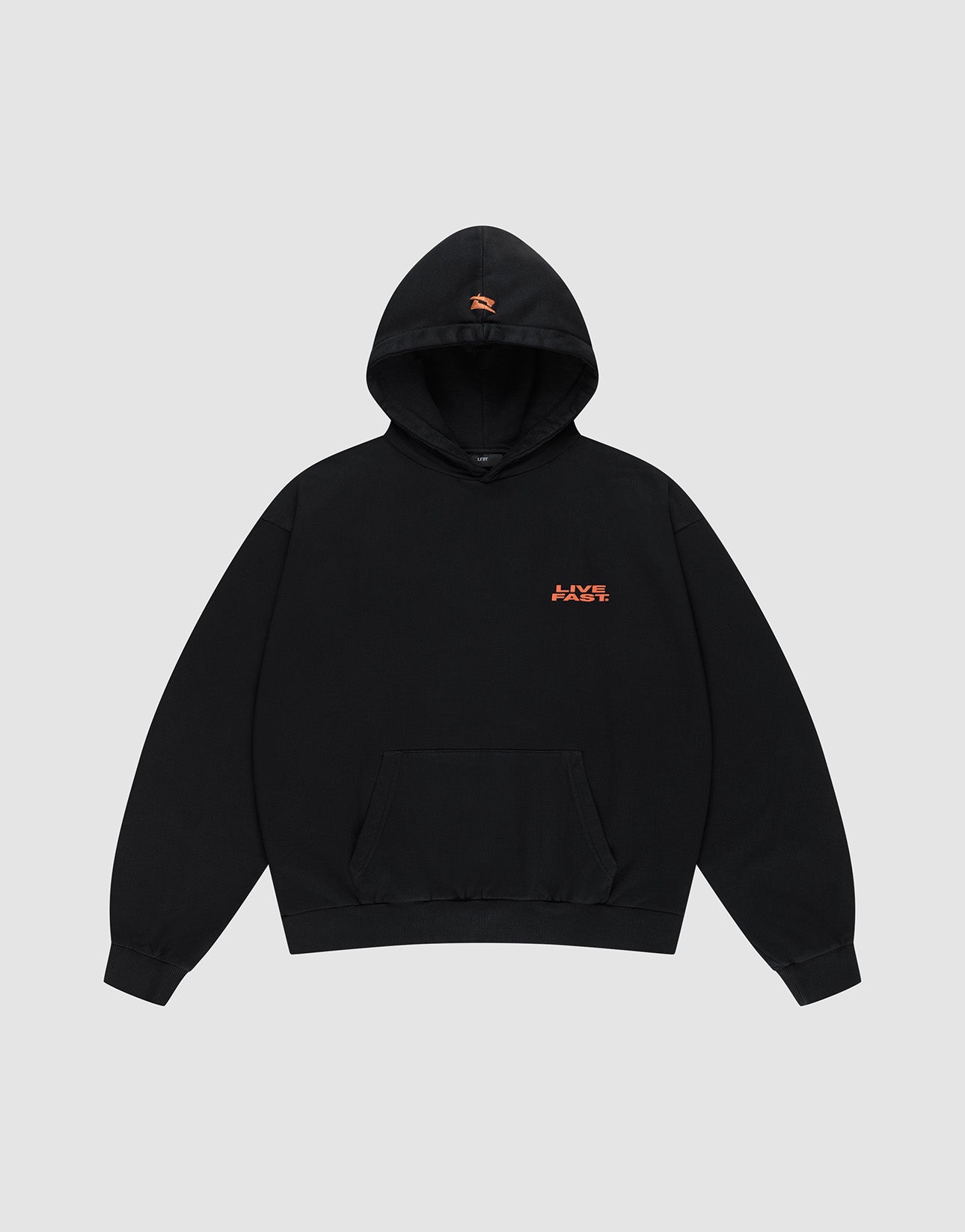 The Print Over Hooded by LIVE FAST DIE YOUNG is a black oversized sweatshirt with a front pocket, small orange chest logo, and an orange graphic on the hood. Made from 100% Baumwolle and shown on a plain gray background.